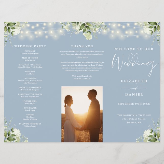 Flyer Programa de Casamento Trifold Verde Luz Azul Empoe (Frente)