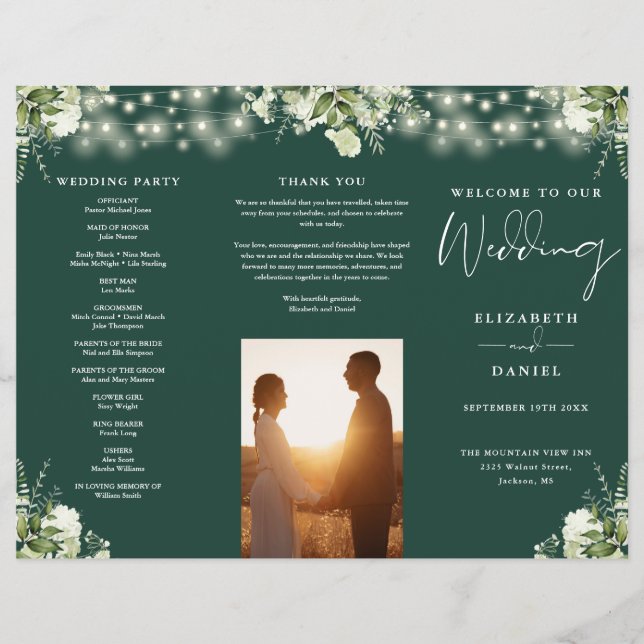 Flyer Programa de Casamento Trifólio Luzes Verde Esmeral (Frente)