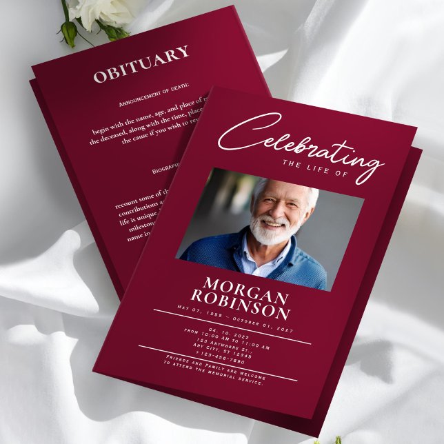 Flyer Programa de Funeral Burgundy Celebração de Vida (Funeral Program, Celebration of Life, Burgundy Flyer)