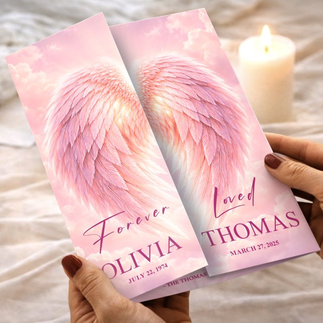 Flyer Programa de Funeral Celebração da Vida Asas de Anj (Funeral Program Pink Angel Wings Obituary Template Flyer, Funeral Memorial, Loss of Mother)