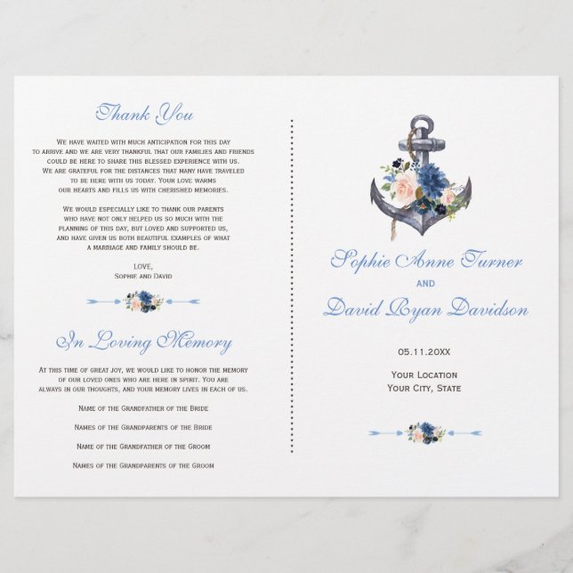 Flyer Programa de Rosa Náutico com Flores Azuis e Âncora (Frente)