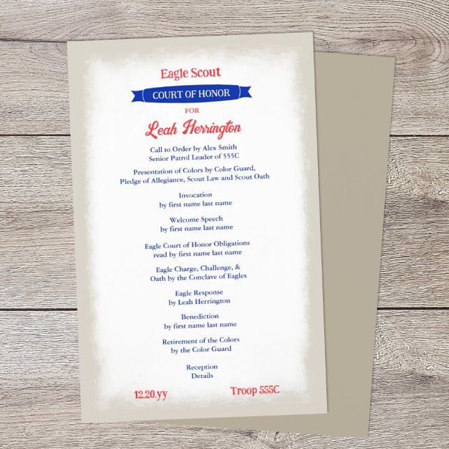 Flyer Programa do Tribunal de Honra Vermelho, Branco e A (patriotic red white blue beige eagle scout court of honor ceremony program)