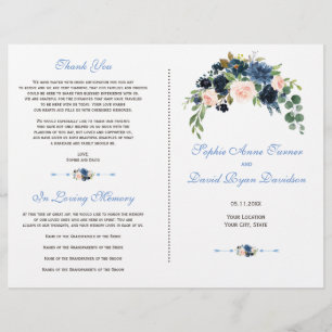 Flyer Programa Elegante de Casamento de Flores Azuis de 