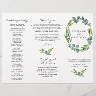 Flyer Programa Eucalyptus Foliage Wreath Tri+Fold Weddin