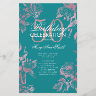 Flyer Programa Floral 50º Aniversário Rosa Dourado Teal