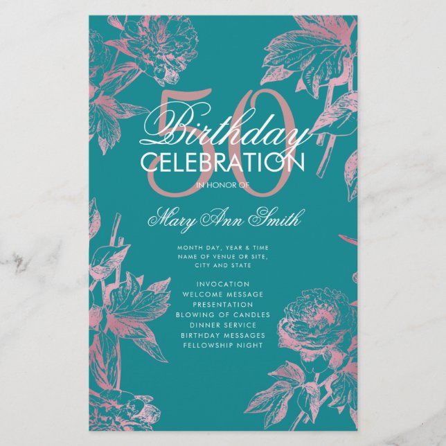 Flyer Programa Floral 50º Aniversário Rosa Dourado Teal  (Frente)