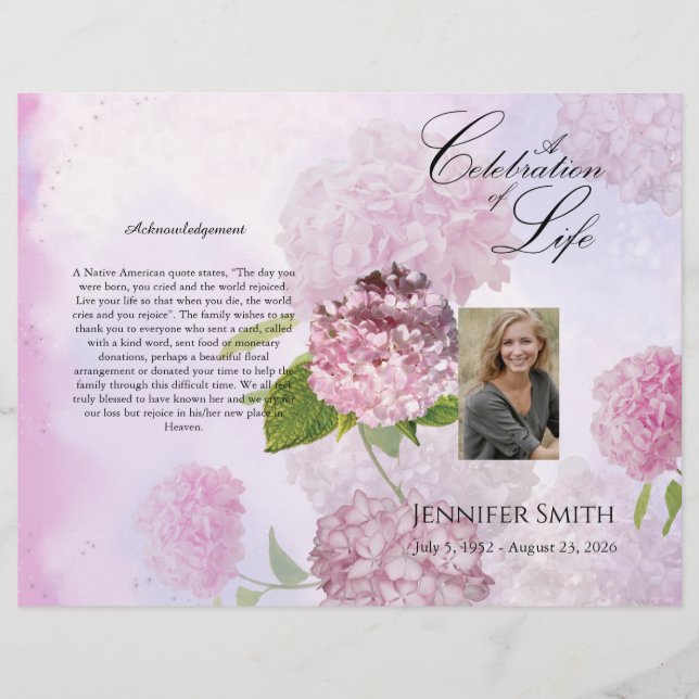Flyer Programa Funeral Bi-Fold Pink Hydrangeas (Frente)