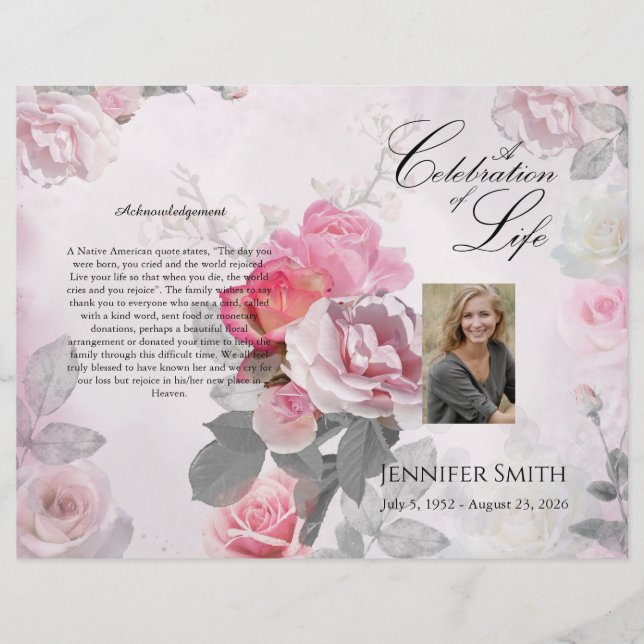 Flyer Programa Funeral Bi-Fold Pink Roses (Frente)
