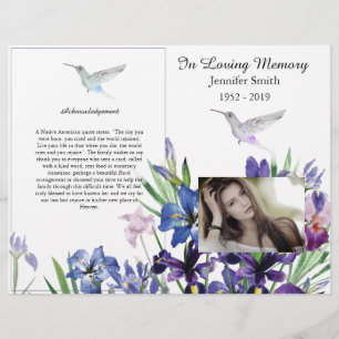 Flyer Programa Funeral Bi-Fold Purple Irises Hummingbird