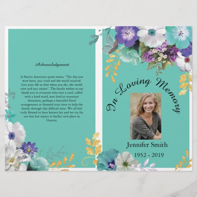 Flyer Programa Funeral Bi-Fold Teal Lavanda Butterfly (Frente)