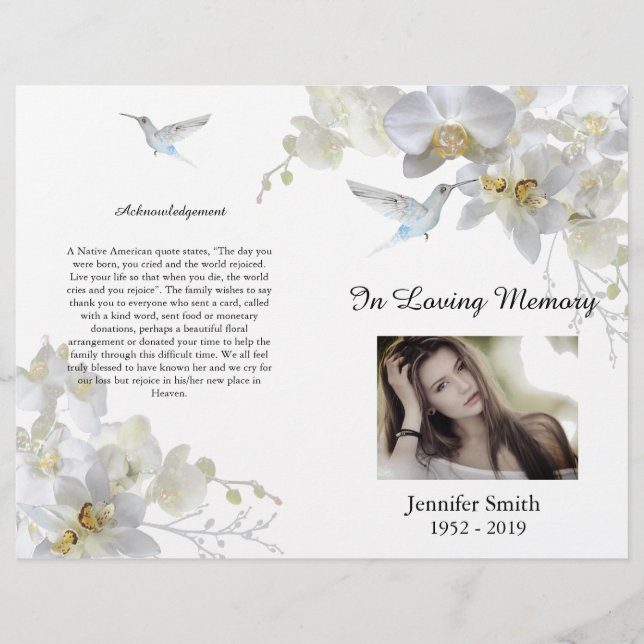Flyer Programa Funeral Bi-Fold White Orchids Hummingbird (Frente)