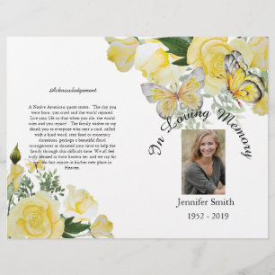 Flyer Programa Funeral Bi-Fold Yellow Roses Butterfly