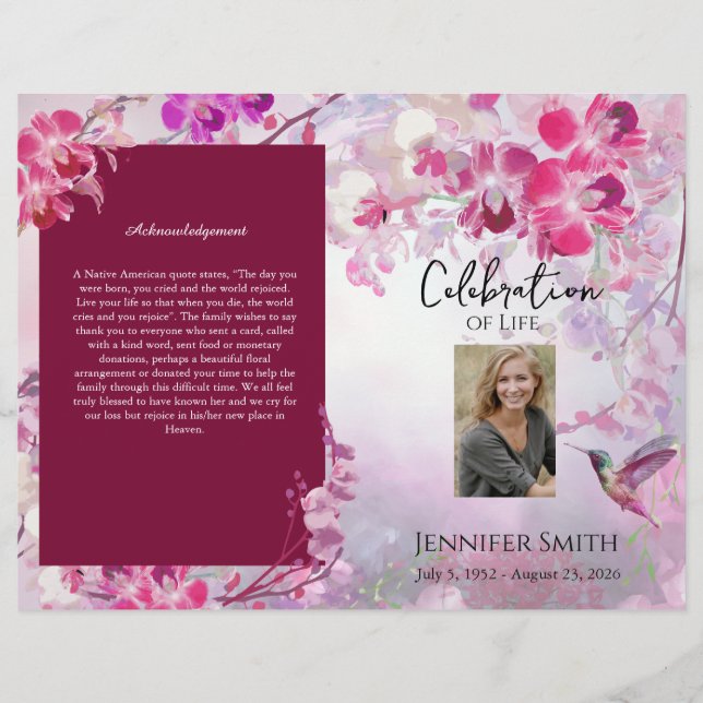 Flyer Programa Funeral de Hummingbird Rosa Hydrangeas (Frente)