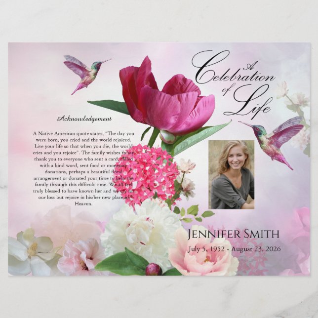 Flyer Programa Funeral de Hummingbird Rosa Hydrangeas (Frente)