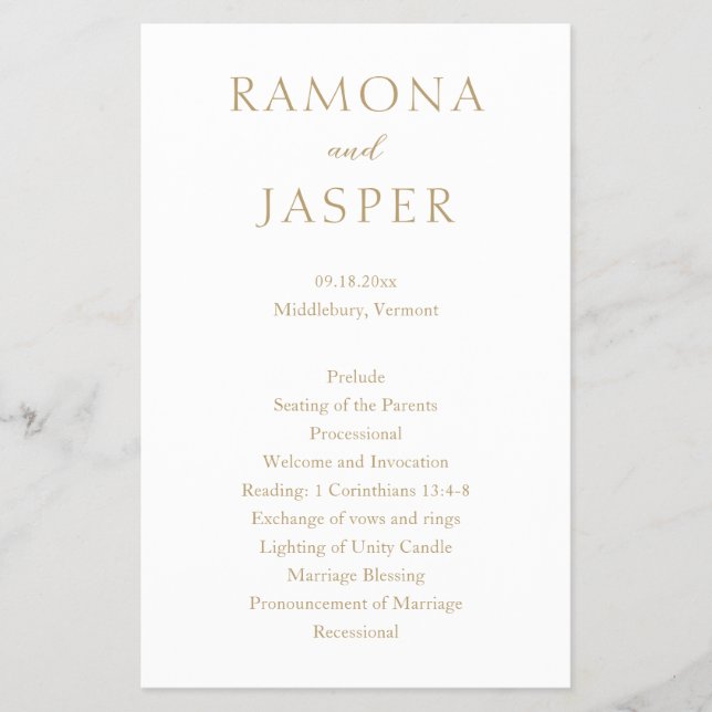 Flyer Programa Simples de Casamento Moderno Dourado (Frente)