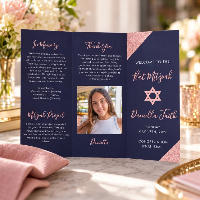 Flyer Programa Tri-Dobrável Bat Mitzvah Azul Rosa Dourad (Criador carregado)