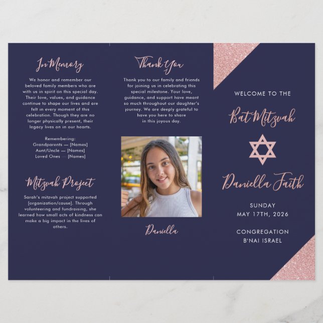 Flyer Programa Tri-Dobrável Bat Mitzvah Azul Rosa Dourad (Frente)