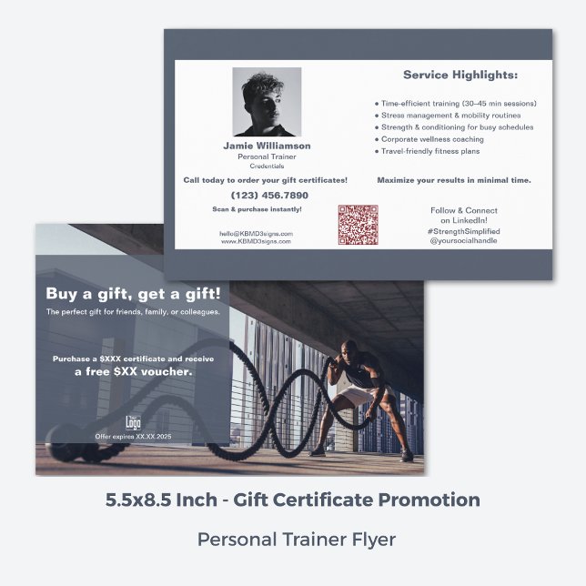 Flyer Promoção do Certificado de Oferta de Malhação Corp (5.5x8.5 Inch, Corporate Fitness Gift Certificate Promotion Flyer, Grey, White, Red Accent)