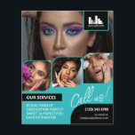 Flyer Promocional de ativação QR do logotipo de colagem<br><div class="desc">Folheto duplo para um artista de maquiagem, prego, estilista de cabelo ou profissão semelhante, onde você precisa mostrar seu trabalho em uma colagem de fotos retrô com bordas de turquesa e fundo de turquesa. Personalize com seu logotipo e atrás uma foto adicional e seu código QR com seu identificador de...</div>