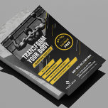 Flyer Promocional de Workout do Logotipo Preto e Amarelo<br><div class="desc">Promova suas aulas de treinamento ou estúdio de malhação com este moderno design do Gym Flyer com foto e seu texto personalizado. Apresentando um design a preto e amarelo em negrito com espaço para uma foto, seu logotipo, linha de etiqueta ou cabeçalho e serviços, bem como um crachá de promocional...</div>