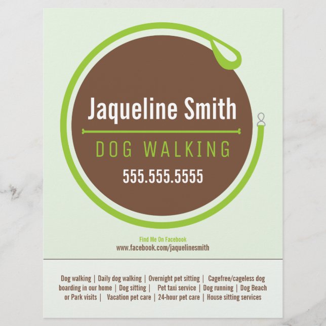 Flyer Promocional Verde de Leash Loop Cachorro Walker (Frente)