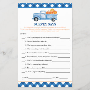 Flyer Pumpkin Blue Truck Survey diz jogo de Chá de frald