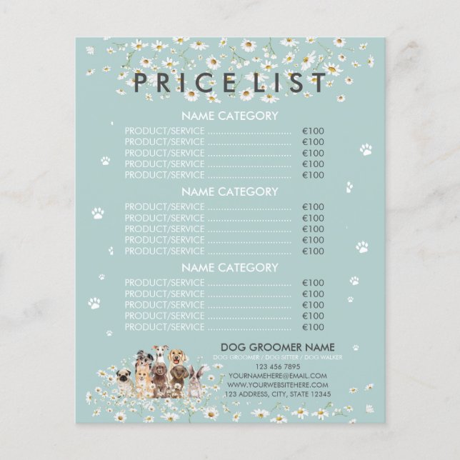 Flyer Puppy Green Daisy Flower Dog Groomer Price List (Frente)