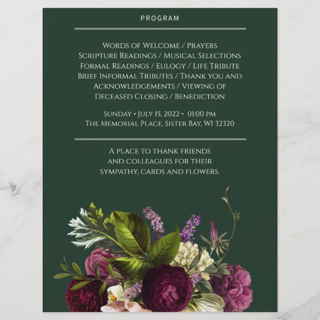Flyer Purple Green Floral Funeral Memorial (Verso)