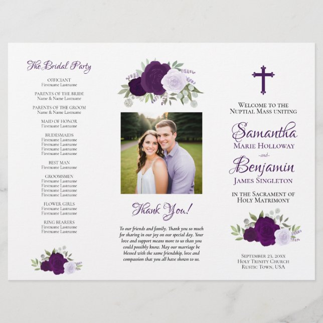 Flyer Purple Roses DIY tri-fold Catholic Wedding Program (Frente)