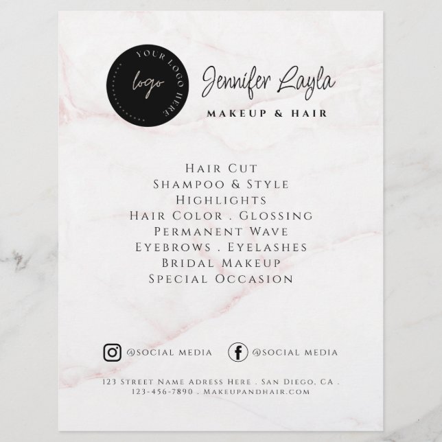 Flyer QR Code Beauty Salon Custom Logo Pink Marble (Frente)