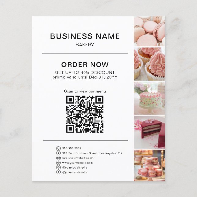 Flyer QR Code Discount Foto Branco de Ordem de Bakery (Frente)