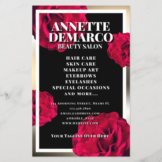 Flyer Quadro elegante de ouro clássico e padrão de rosa (Frente)