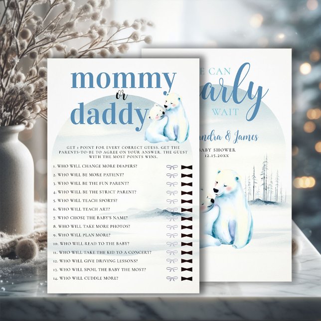 Flyer Quem Mamãe ou Chá Jogo Polar Bear Cub Mãe (winter boy baby shower bearly wait polar bear mama cub watercolor guess who mommy or daddy game)