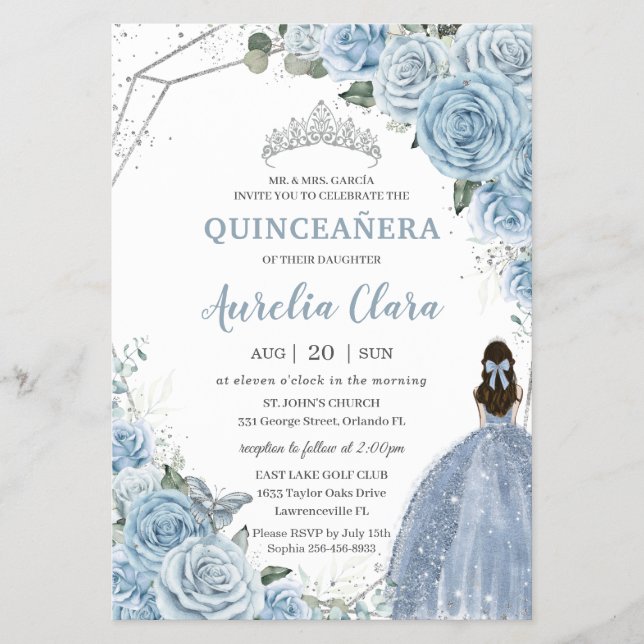 Flyer Quinceanera 15 Bebê Azul Convite Floral (Frente)