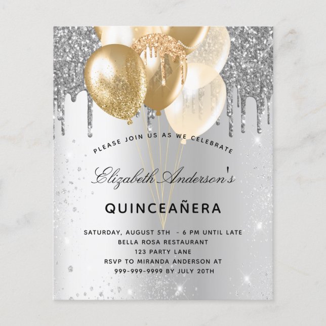 Flyer Quinceanera, balões de ouro prateado convite orçam (Frente)