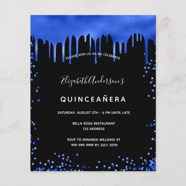 Flyer Quinceanera Black Royal Blue Orçamento convite (Frente)