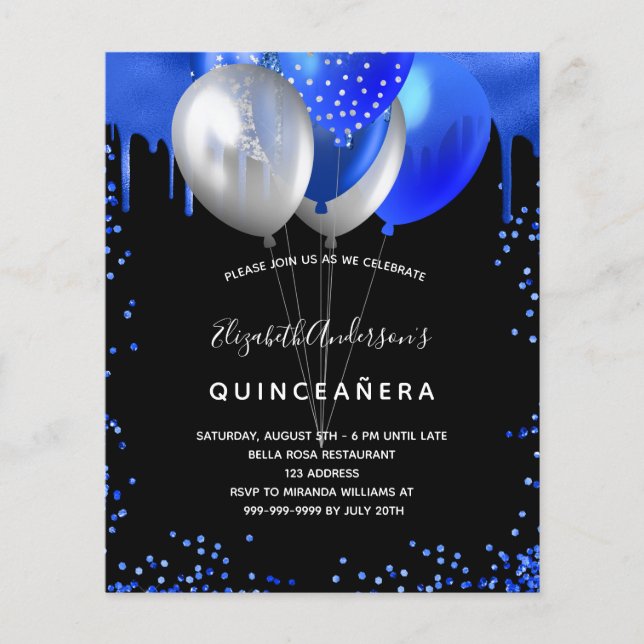 Flyer Quinceanera Black Royal Blue Orçamento convite (Frente)