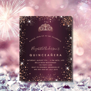 Flyer Quinceanera burgundy rosa gold tiara convite