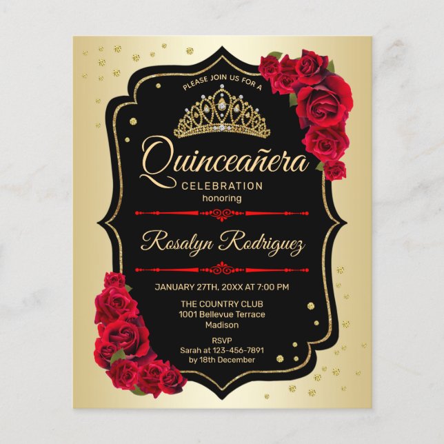 Flyer Quinceanera do Orçamento - Dourado Convite Vermelh (Frente)