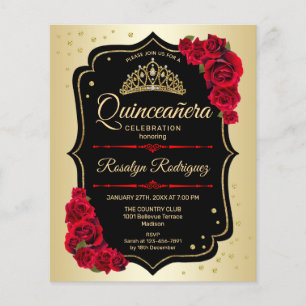 Flyer Quinceanera do Orçamento - Dourado Convite Vermelh