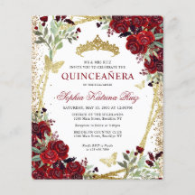 Quinceañera Dourada Barata Burgundia Floral