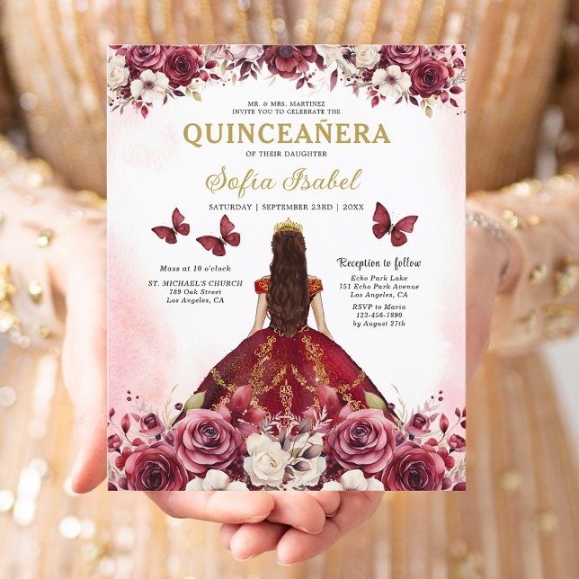 Flyer Quinceanera Espanhola Dourada Burgundia (Criador carregado)