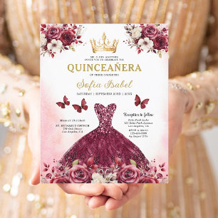 Flyer Quinceanera Espanhola Dourada Burgundia