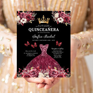 Flyer Quinceanera Espanhola Dourada Burgundia