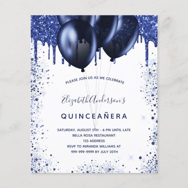 Flyer Quinceanera marinho azul branco convite orçamental (Frente)