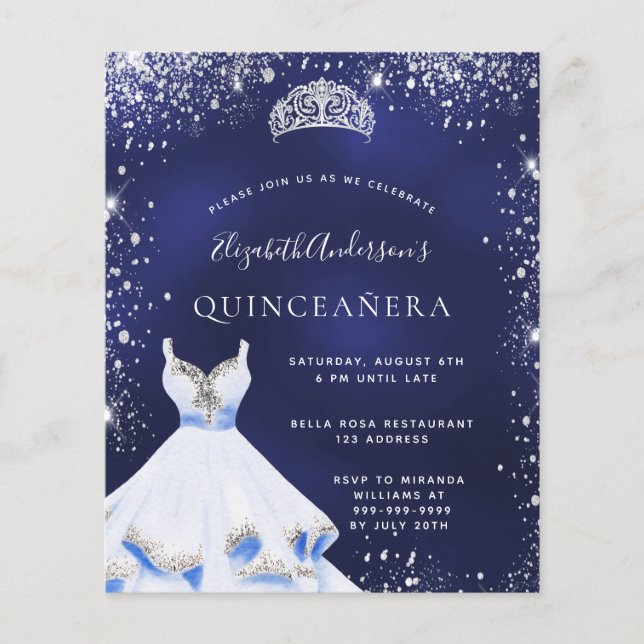 Flyer Quinceanera marinho azul de prata vestido tiara or (Frente)