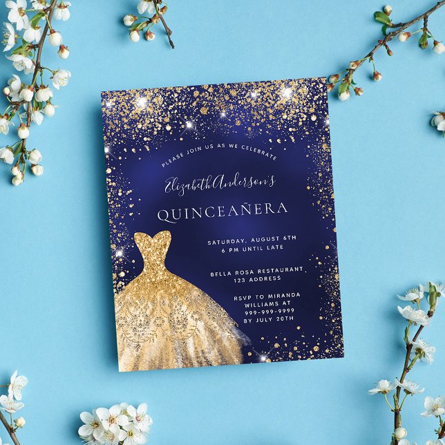 Flyer Quinceanera marinho de ouro azul convite para o or (Criador carregado)