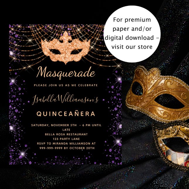 Flyer Quinceanera mascarada negro convite orçamental (Criador carregado)