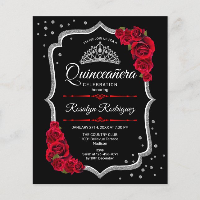 Flyer Quinceanera Orçamental - Convite Vermelho Prateado (Frente)