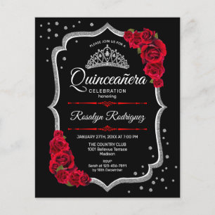 Flyer Quinceanera Orçamental - Convite Vermelho Prateado
